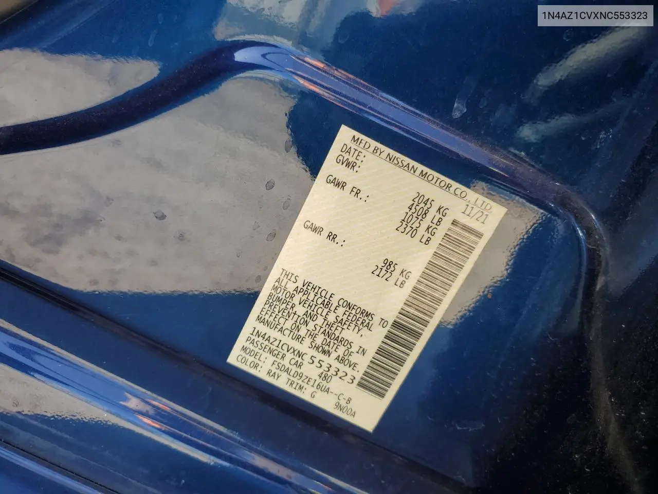 2022 Nissan Leaf Sv VIN: 1N4AZ1CVXNC553323 Lot: 61625305