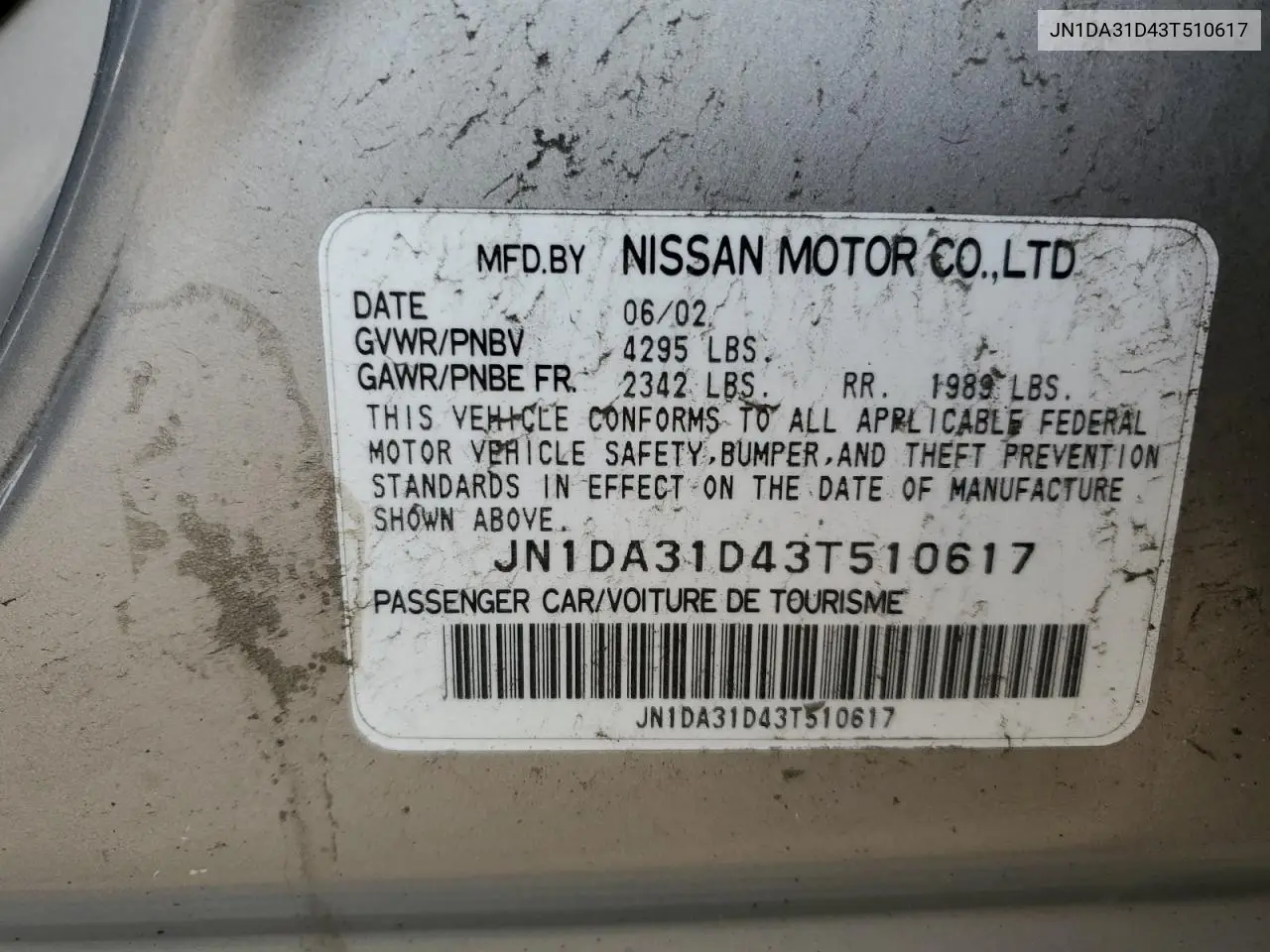 2003 Nissan Maxima Gle VIN: JN1DA31D43T510617 Lot: 56357185