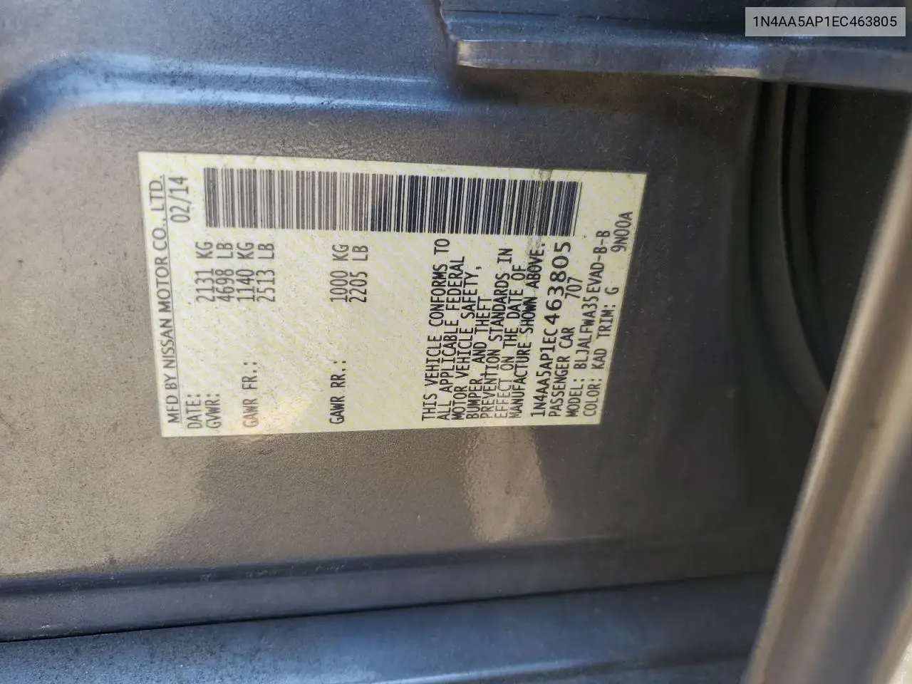 2014 Nissan Maxima S VIN: 1N4AA5AP1EC463805 Lot: 64357645