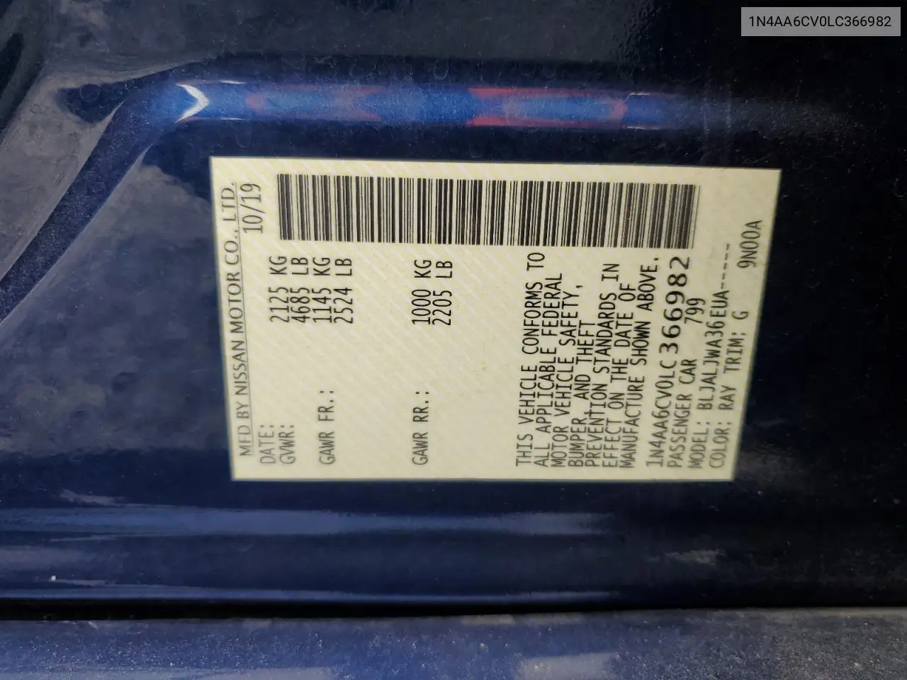 2020 Nissan Maxima Sv VIN: 1N4AA6CV0LC366982 Lot: 56272725