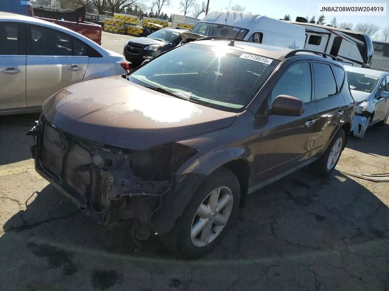 2003 Nissan Murano Sl VIN: JN8AZ08W03W204919 Lot: 47119515