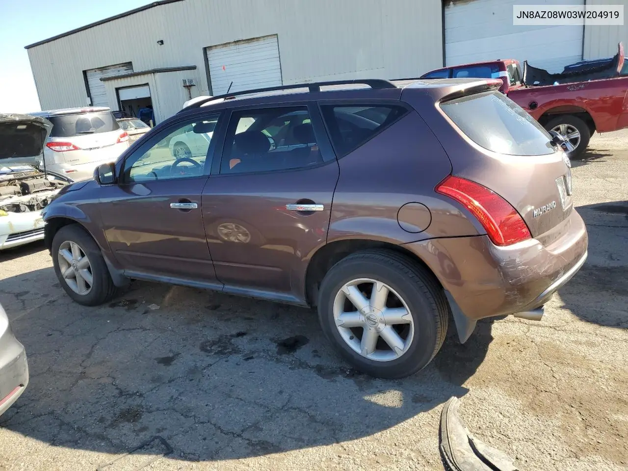 2003 Nissan Murano Sl VIN: JN8AZ08W03W204919 Lot: 47119515