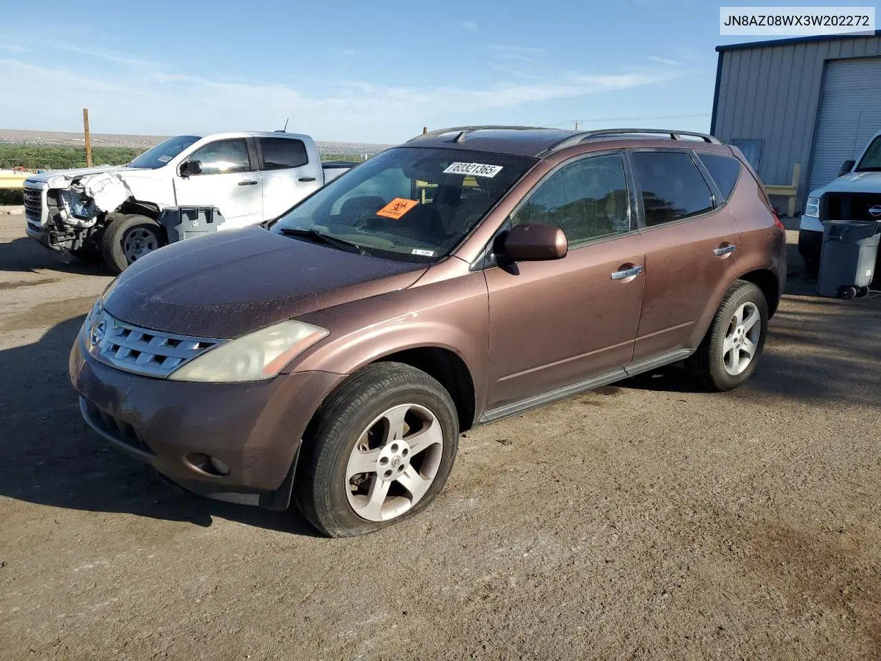 2003 Nissan Murano Sl VIN: JN8AZ08WX3W202272 Lot: 60321365