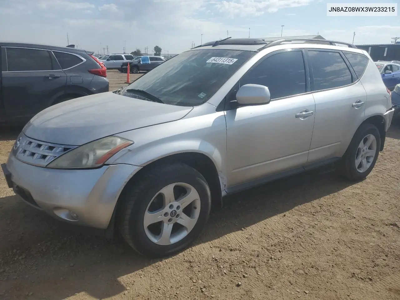 2003 Nissan Murano Sl VIN: JN8AZ08WX3W233215 Lot: 64311315