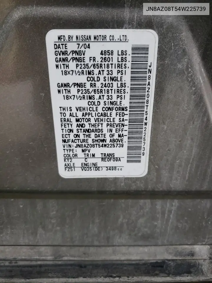 2004 Nissan Murano Sl VIN: JN8AZ08T54W225739 Lot: 62986685