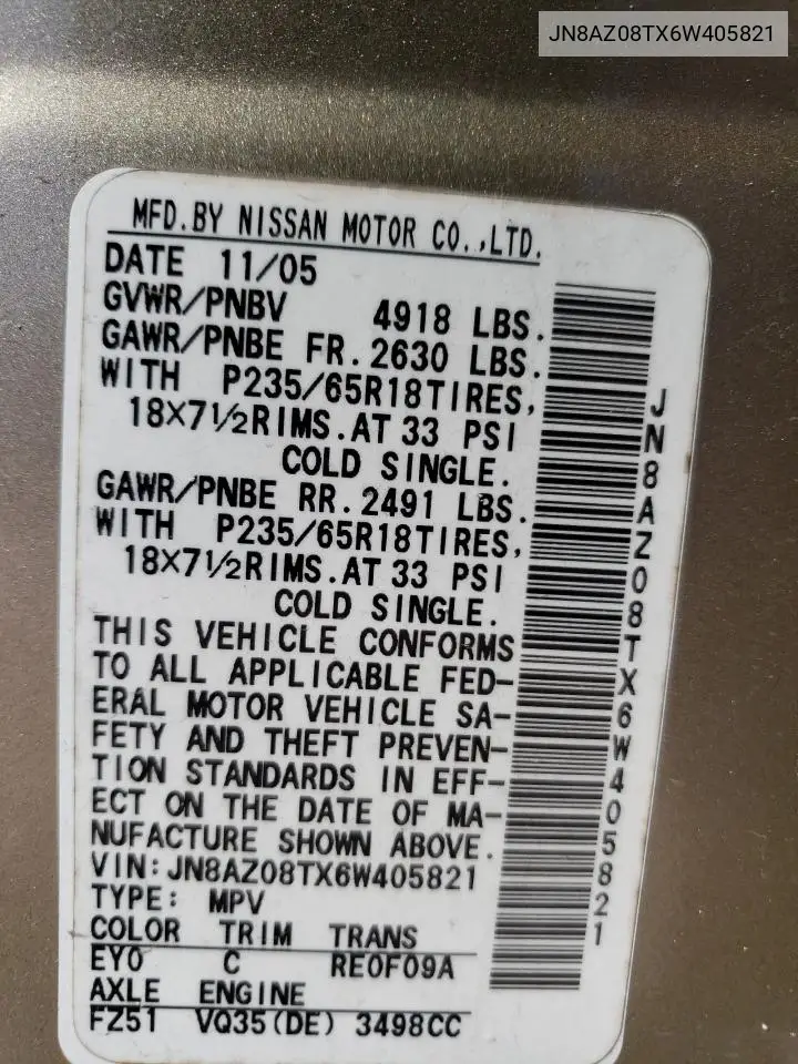 2006 Nissan Murano Sl VIN: JN8AZ08TX6W405821 Lot: 51980445
