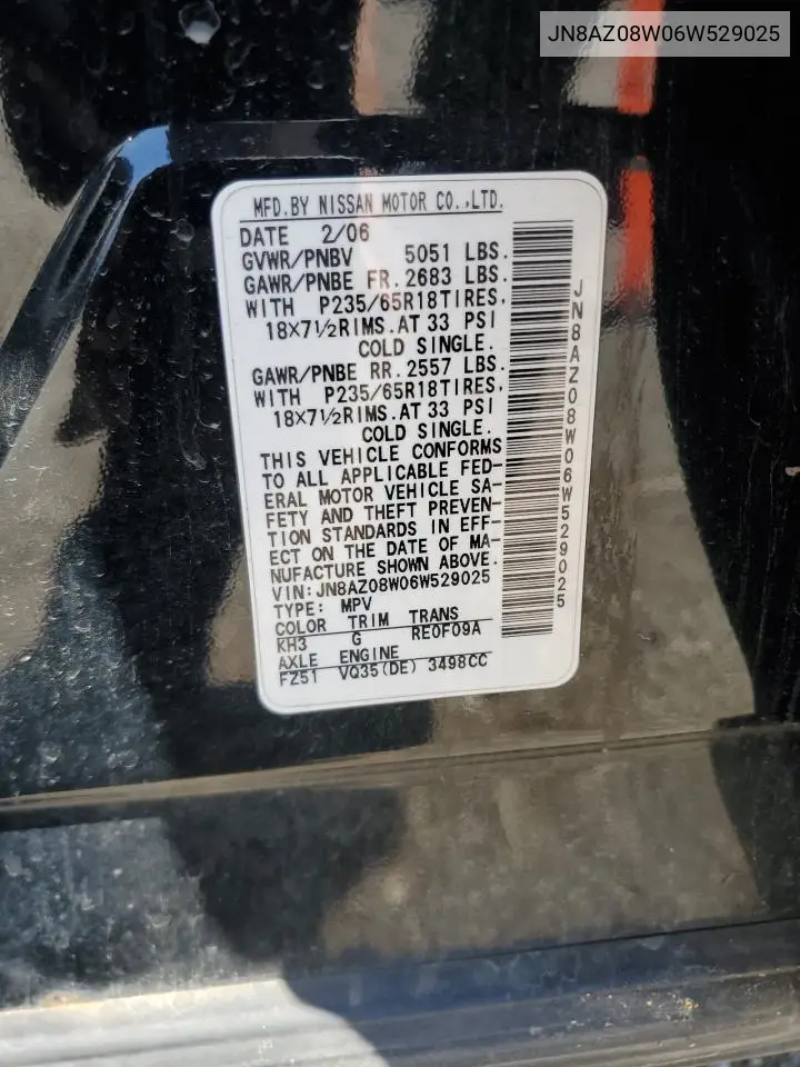 2006 Nissan Murano Sl VIN: JN8AZ08W06W529025 Lot: 55822745