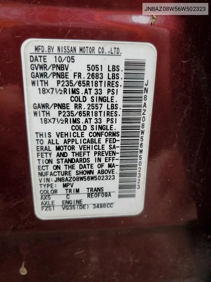 2006 Nissan Murano Sl VIN: JN8AZ08W56W502323 Lot: 56939955