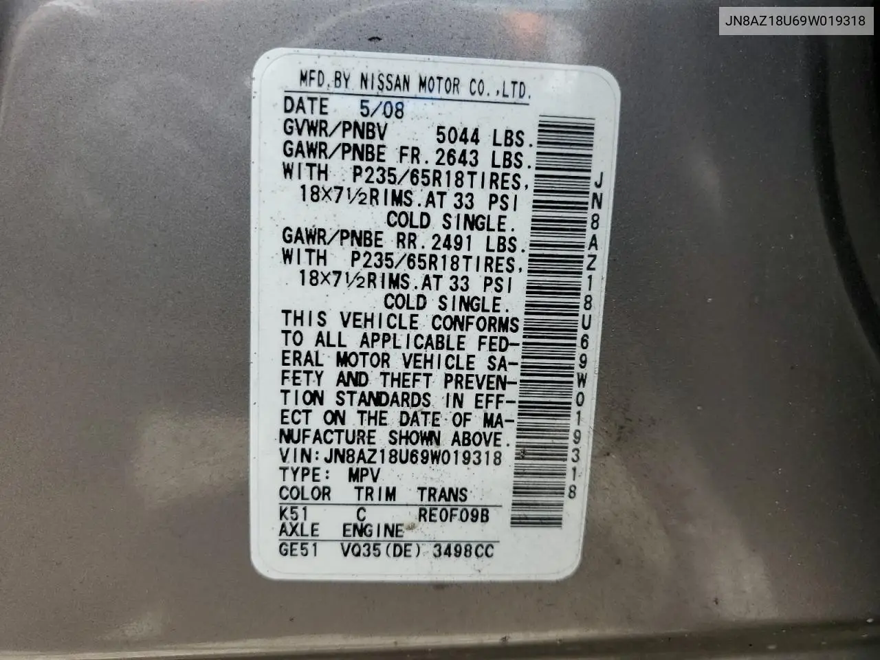 2009 Nissan Murano S VIN: JN8AZ18U69W019318 Lot: 61144805