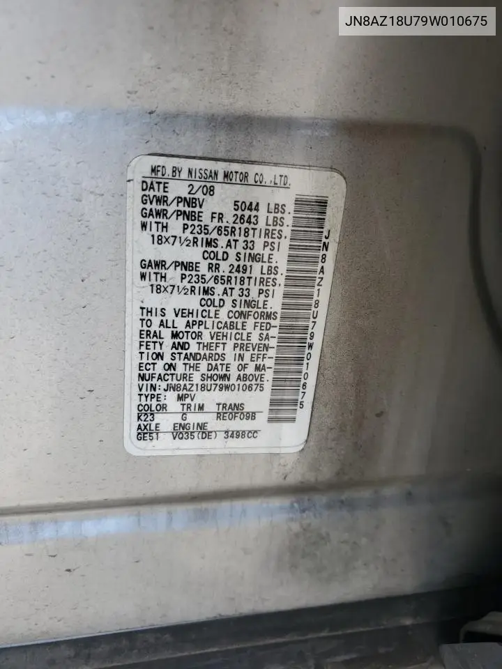 2009 Nissan Murano S VIN: JN8AZ18U79W010675 Lot: 61338685