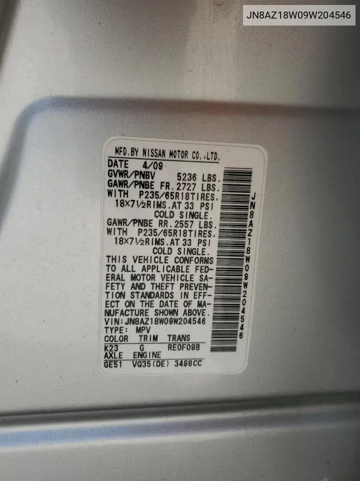 2009 Nissan Murano S VIN: JN8AZ18W09W204546 Lot: 62548855