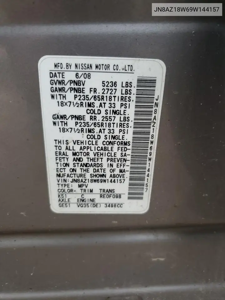 2009 Nissan Murano S VIN: JN8AZ18W69W144157 Lot: 62693255