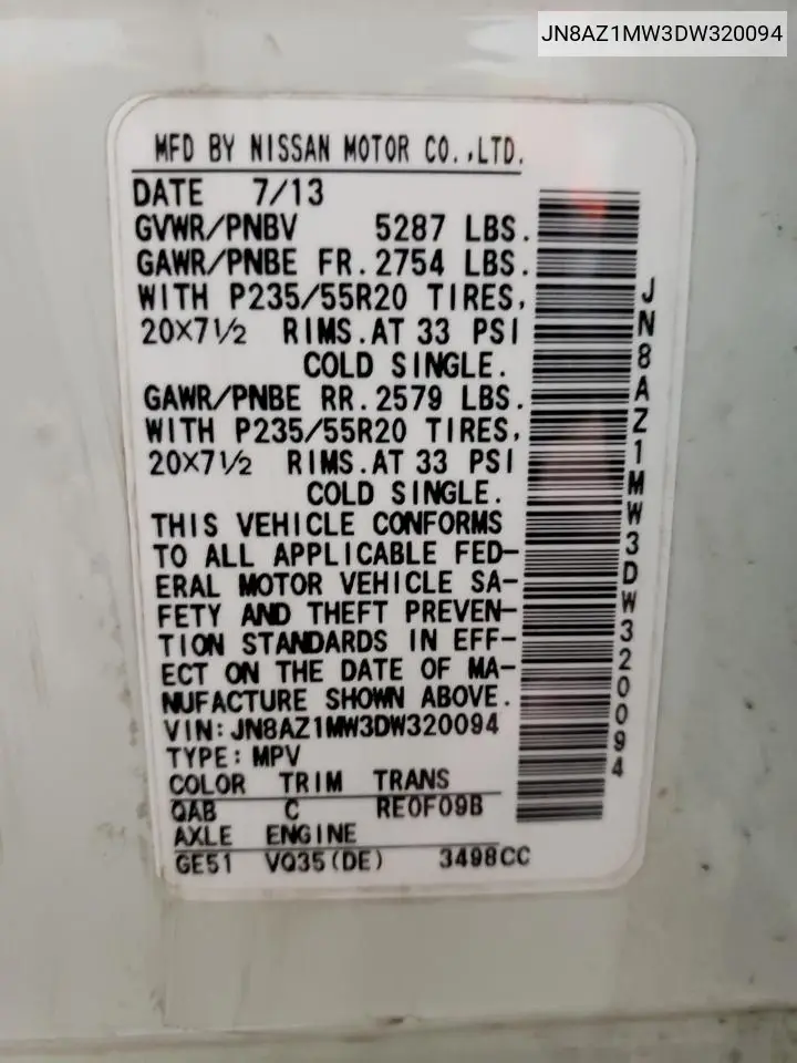 2013 Nissan Murano S VIN: JN8AZ1MW3DW320094 Lot: 60824095