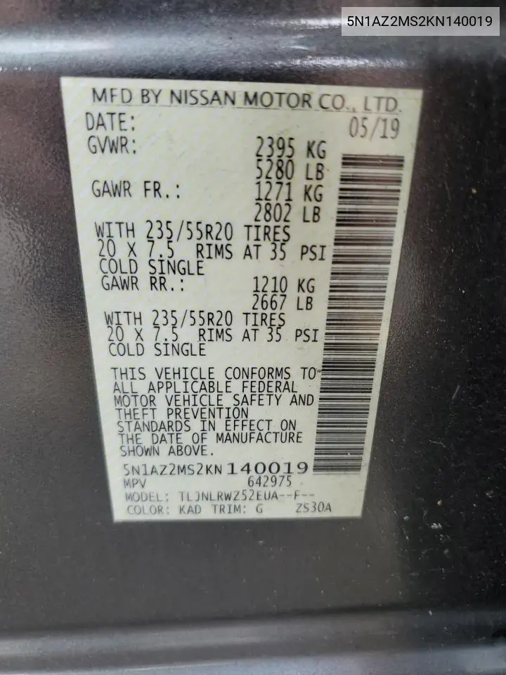 5N1AZ2MS2KN140019 2019 Nissan Murano S