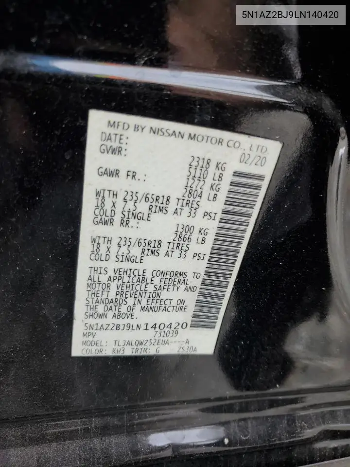 2020 Nissan Murano Sv VIN: 5N1AZ2BJ9LN140420 Lot: 62720055