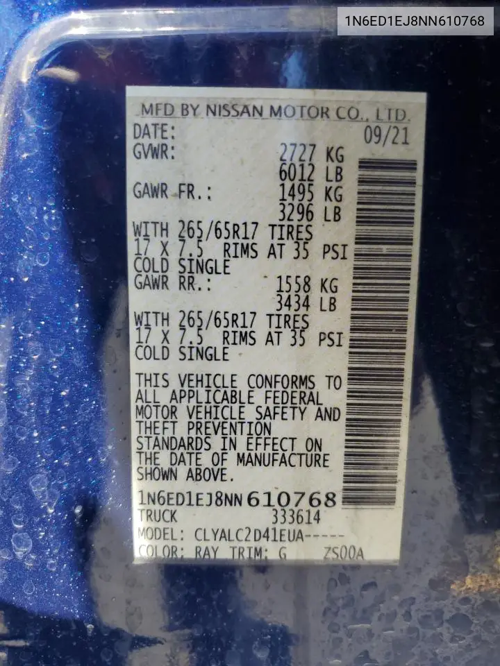 2022 Nissan Frontier S VIN: 1N6ED1EJ8NN610768 Lot: 57957265