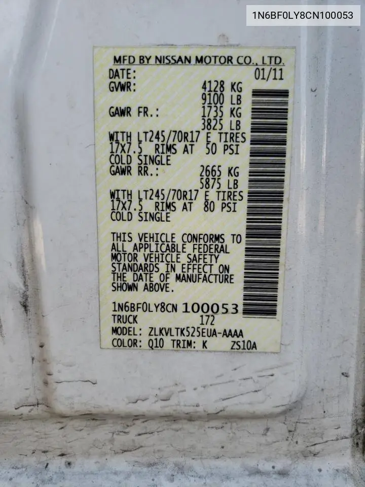 2012 Nissan Nv 2500 VIN: 1N6BF0LY8CN100053 Lot: 64464765