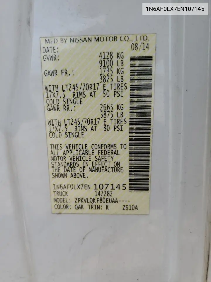 2014 Nissan Nv 2500 VIN: 1N6AF0LX7EN107145 Lot: 55305085