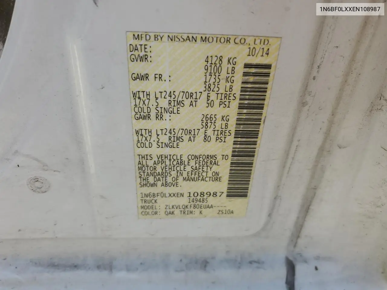 2014 Nissan Nv 2500 VIN: 1N6BF0LXXEN108987 Lot: 57050575