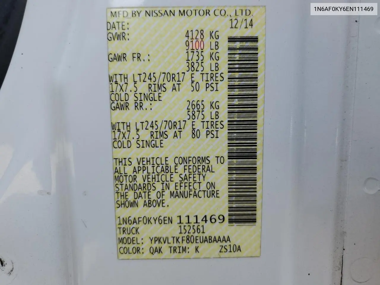 2014 Nissan Nv 2500 VIN: 1N6AF0KY6EN111469 Lot: 64207095