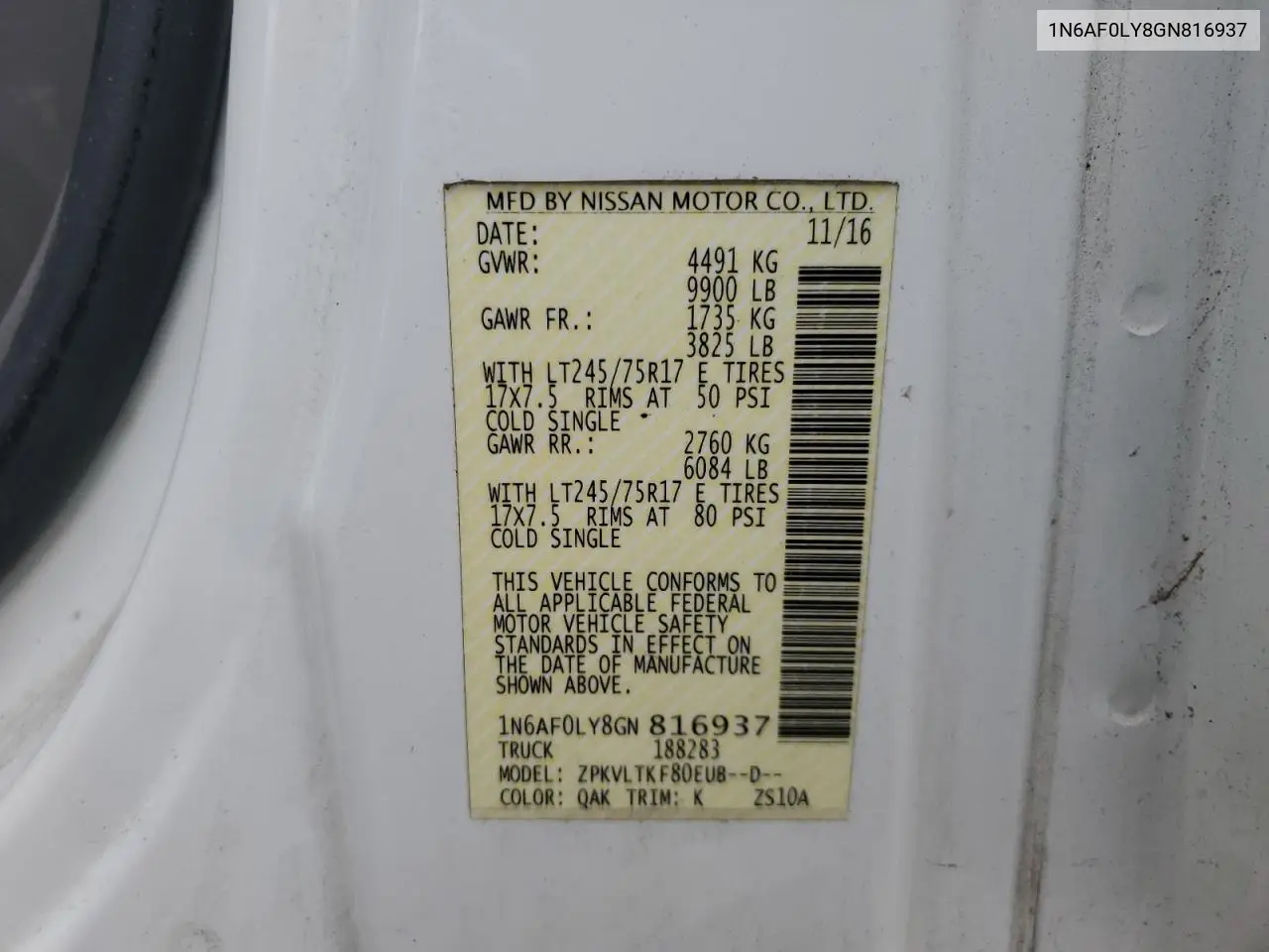 2016 Nissan Nv 2500 S VIN: 1N6AF0LY8GN816937 Lot: 58095655
