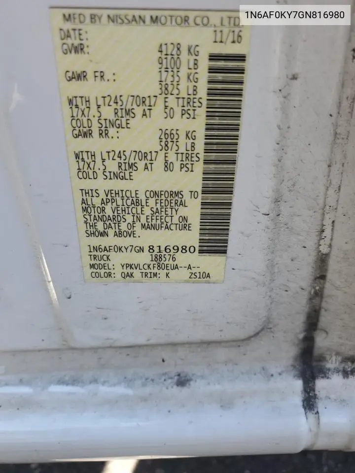 2016 Nissan Nv 2500 S VIN: 1N6AF0KY7GN816980 Lot: 63313145