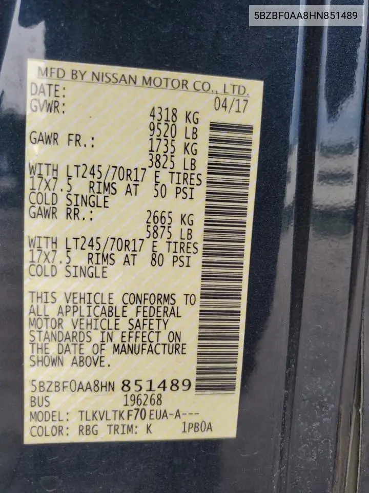 2017 Nissan Nv 3500 S VIN: 5BZBF0AA8HN851489 Lot: 61775275
