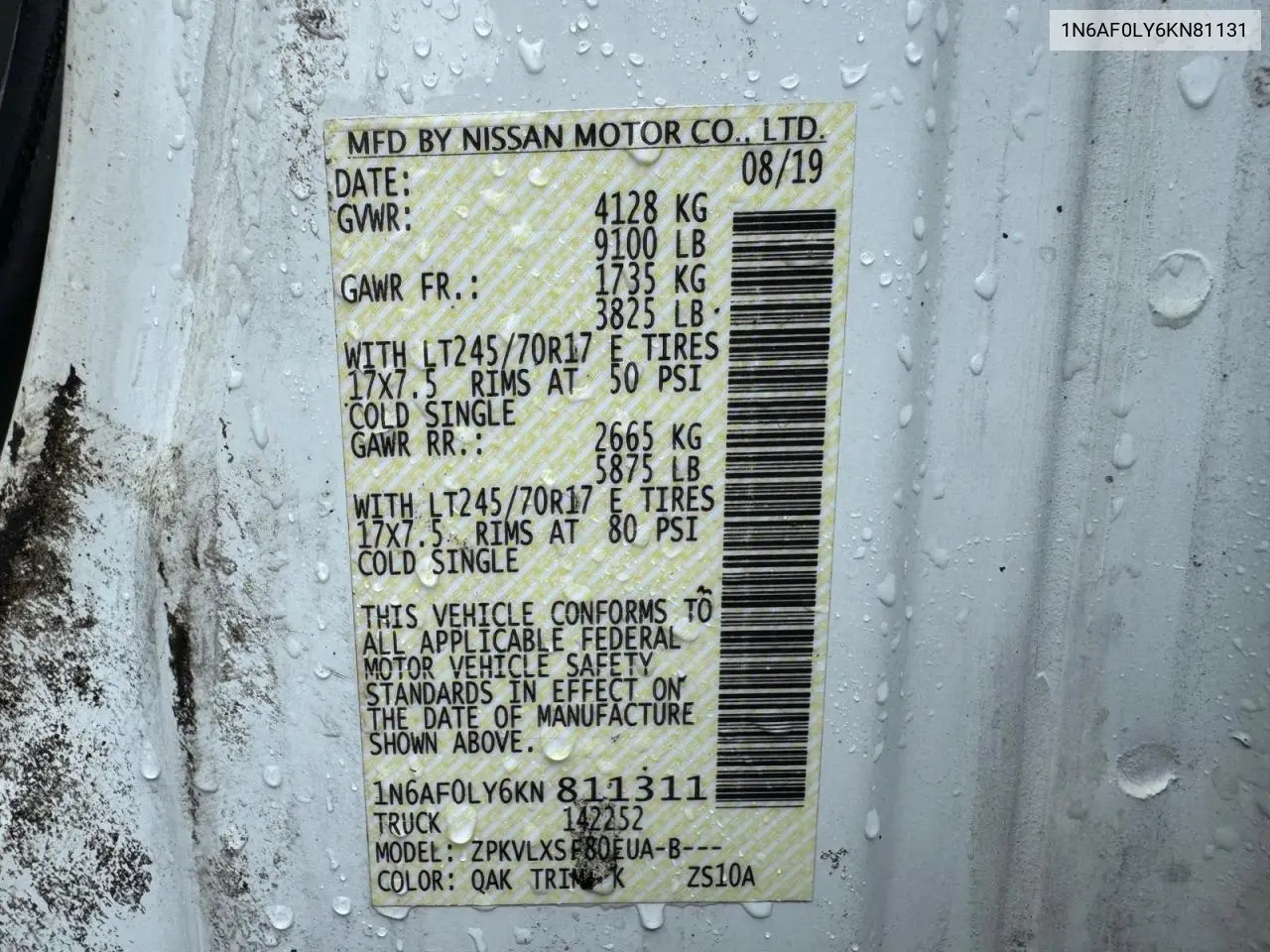 2019 Nissan Nv 2500 S VIN: 1N6AF0LY6KN81131 Lot: 64893255