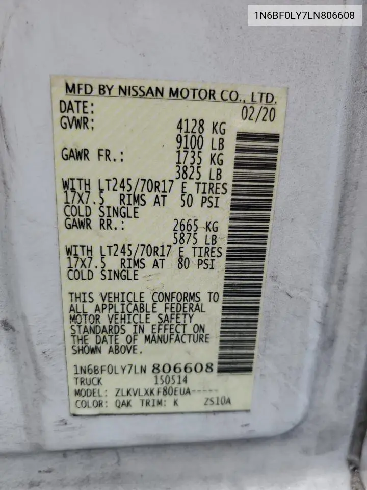 2020 Nissan Nv 2500 S VIN: 1N6BF0LY7LN806608 Lot: 63469975
