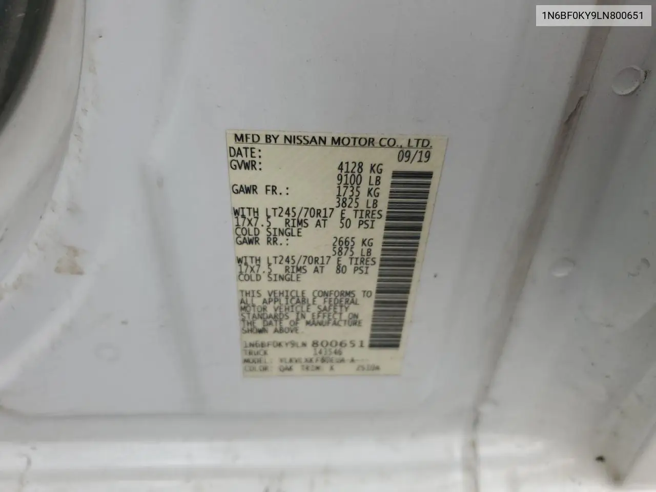 2020 Nissan Nv 2500 S VIN: 1N6BF0KY9LN800651 Lot: 65877145