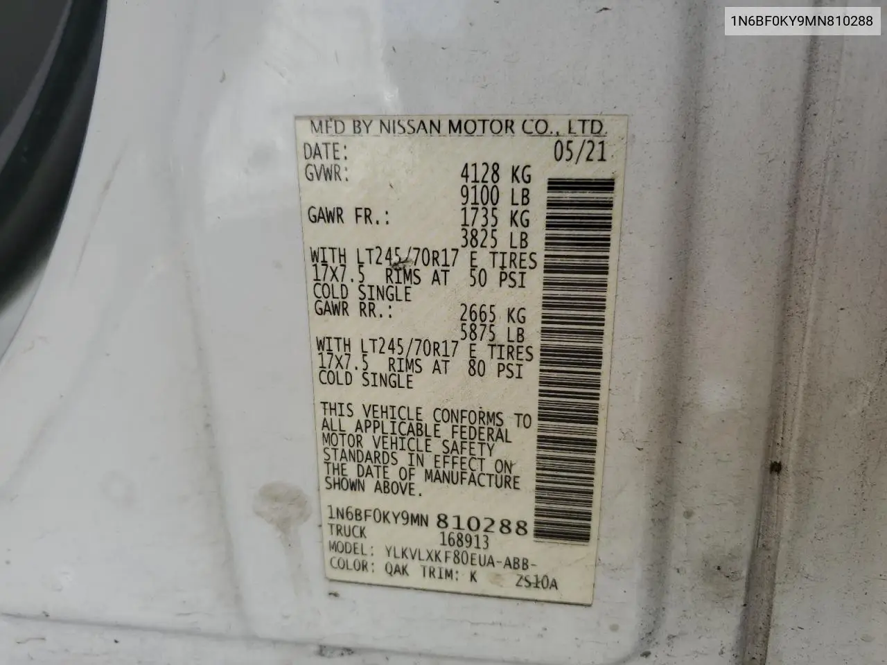 2021 Nissan Nv 2500 S VIN: 1N6BF0KY9MN810288 Lot: 62958565