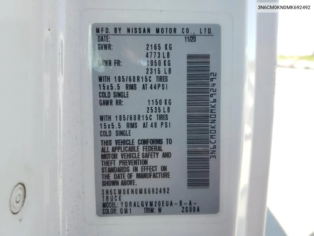 2021 Nissan Nv200 2.5S VIN: 3N6CM0KN0MK692492 Lot: 75454854