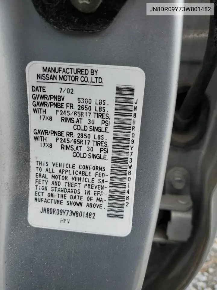 2003 Nissan Pathfinder Le VIN: JN8DR09Y73W801482 Lot: 56216005
