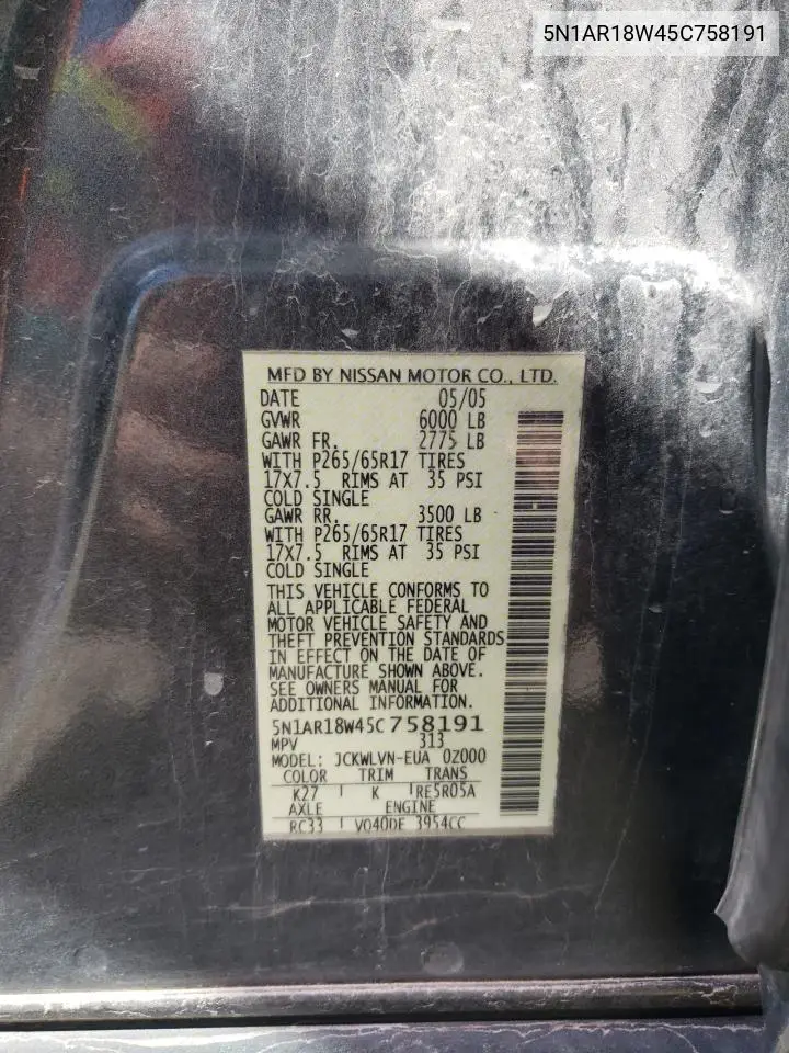 2005 Nissan Pathfinder Le VIN: 5N1AR18W45C758191 Lot: 52983865