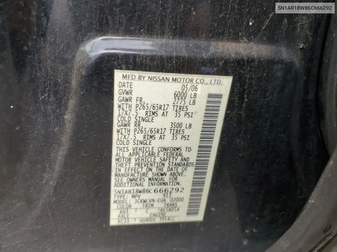 2006 Nissan Pathfinder Le VIN: 5N1AR18W86C666292 Lot: 62343855