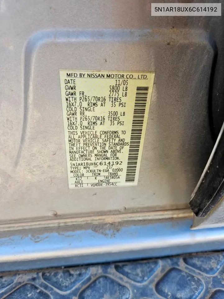 2006 Nissan Pathfinder Le VIN: 5N1AR18UX6C614192 Lot: 57297825
