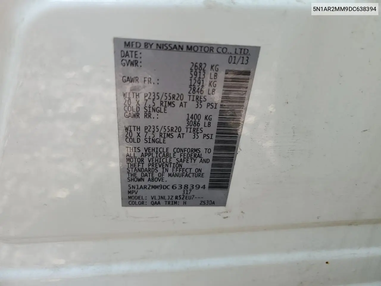 2013 Nissan Pathfinder S VIN: 5N1AR2MM9DC638394 Lot: 61336995