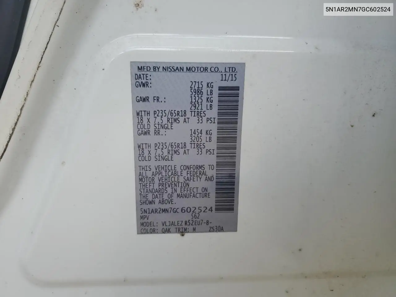 2016 Nissan Pathfinder S VIN: 5N1AR2MN7GC602524 Lot: 63211865