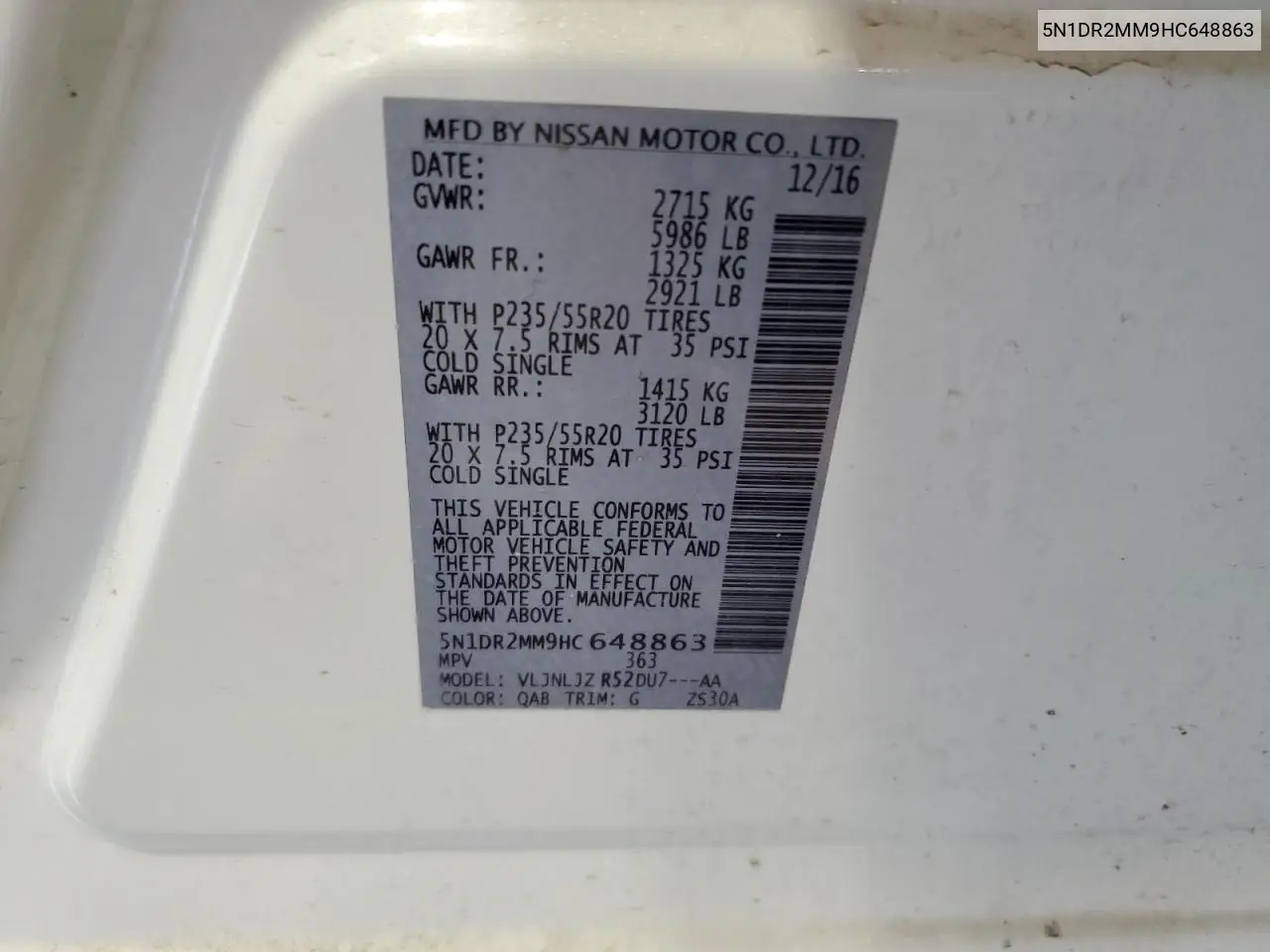2017 Nissan Pathfinder S VIN: 5N1DR2MM9HC648863 Lot: 62968595