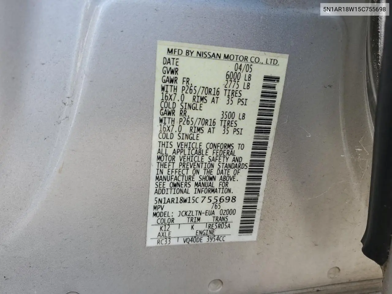 2005 Nissan Pathfinder Le VIN: 5N1AR18W15C755698 Lot: 62778415