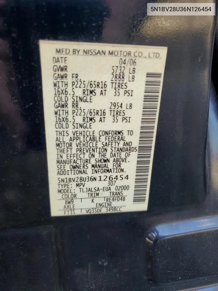 2006 Nissan Quest S VIN: 5N1BV28U36N126454 Lot: 61696175