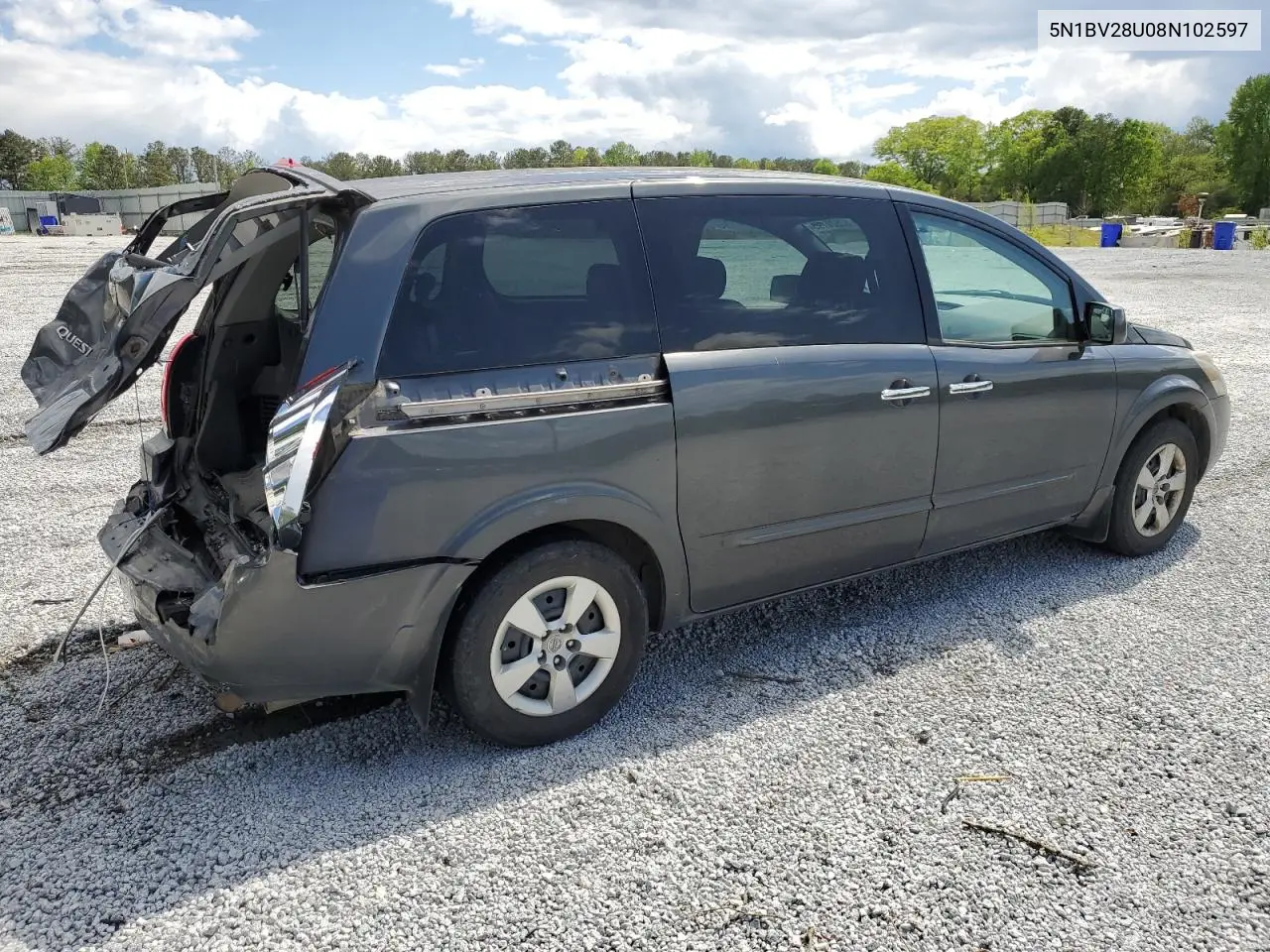 2008 Nissan Quest S VIN: 5N1BV28U08N102597 Lot: 52620195