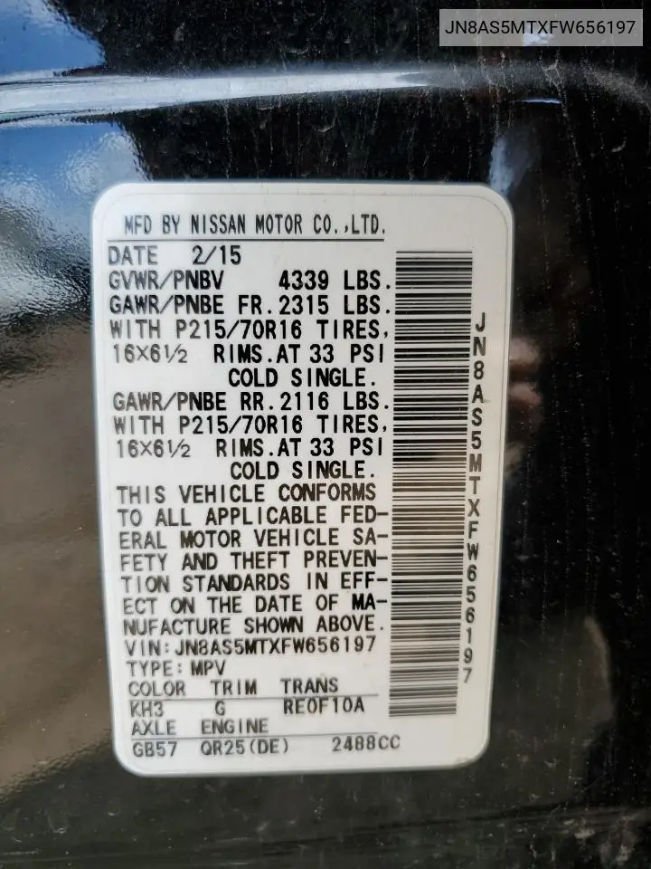 2015 Nissan Rogue Select S VIN: JN8AS5MTXFW656197 Lot: 62986405