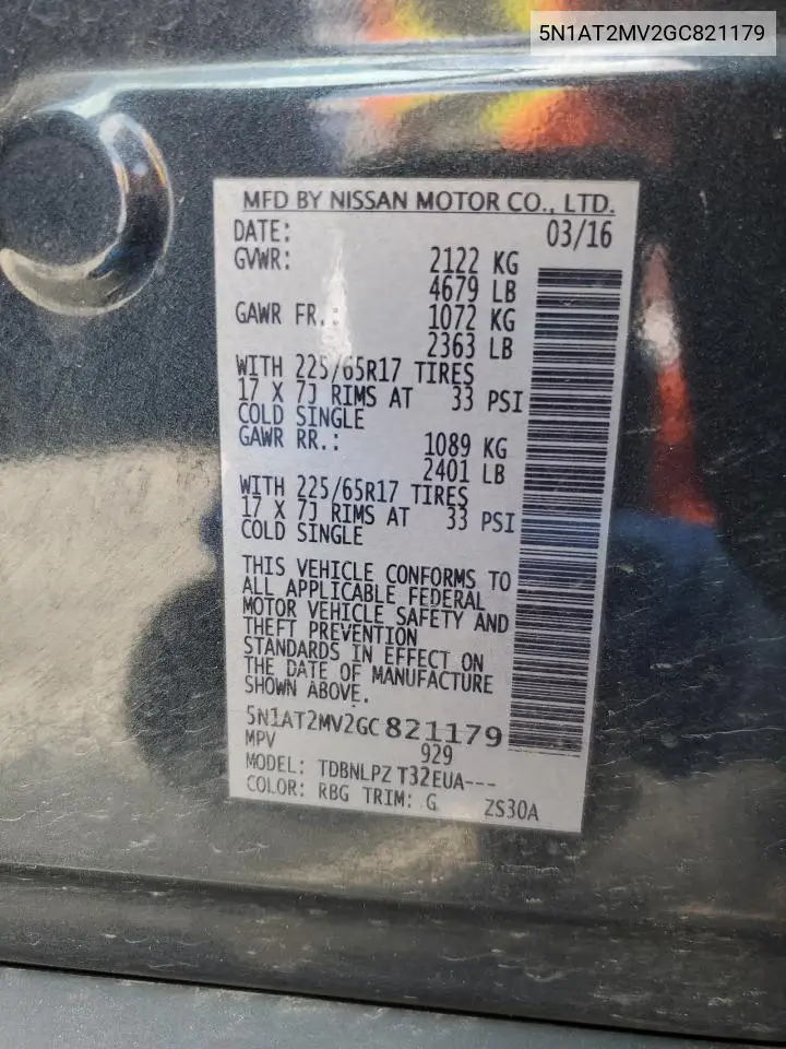 2016 Nissan Rogue S VIN: 5N1AT2MV2GC821179 Lot: 57087245