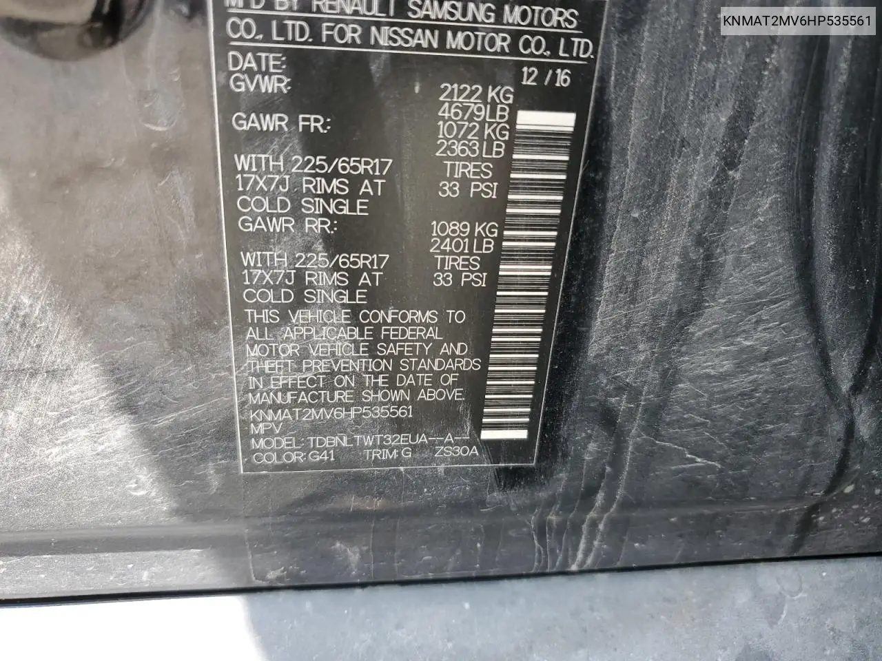 knmat2mv6hp535561 KNMAT2MV6HP535561 2017 Nissan Rogue S