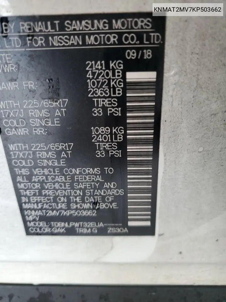 2019 Nissan Rogue S VIN: KNMAT2MV7KP503662 Lot: 56595725