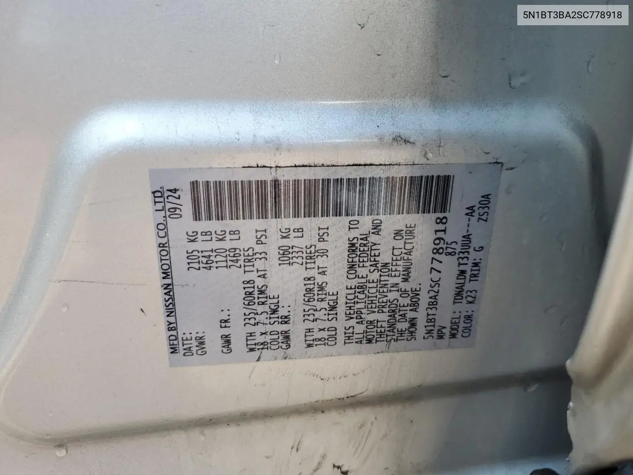 2025 Nissan Rogue Sv VIN: 5N1BT3BA2SC778918 Lot: 62289045