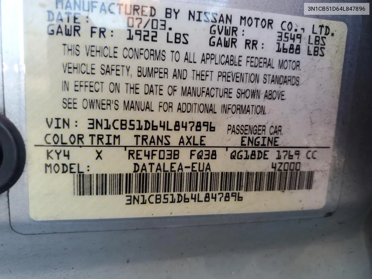 2004 Nissan Sentra 1.8 VIN: 3N1CB51D64L847896 Lot: 47109865
