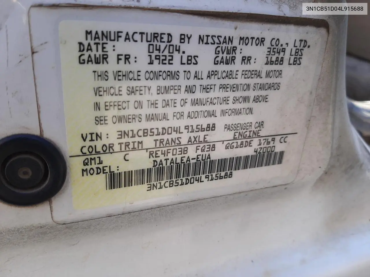 2004 Nissan Sentra 1.8 VIN: 3N1CB51D04L915688 Lot: 53837195