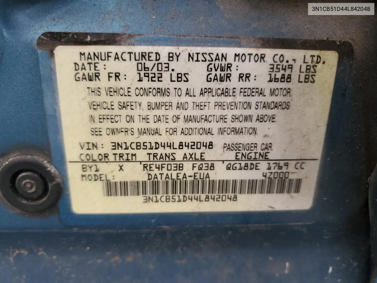2004 Nissan Sentra 1.8 VIN: 3N1CB51D44L842048 Lot: 63596985